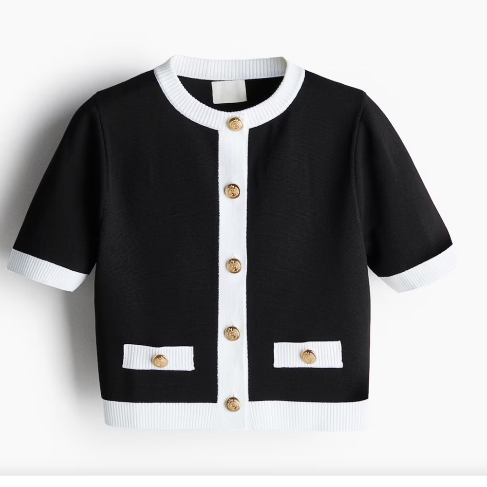 H&M Short Sleeved Black White Cardigan Sweater Gold Buttons Size XL